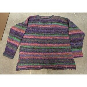 Hand Knit Striped Popcorn Sweater Multicolored Rainbow Wool Blend L/XL